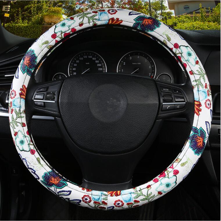 PU Leather  White Flowers Car Steering Wheel Cover